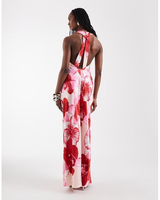 Vero Moda Red Sleeveless Open Back Satin Midi Dress With Overblown Floral Print