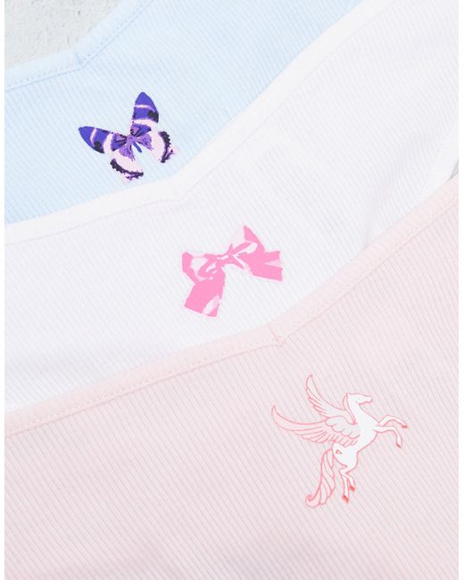 Confezione da 3 perizomi ricamati color rosa, blu e bianco multicolori di Monki in White