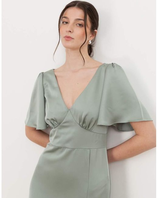 Maya Green V Neck Angel Sleeve Satin Maxi Dress