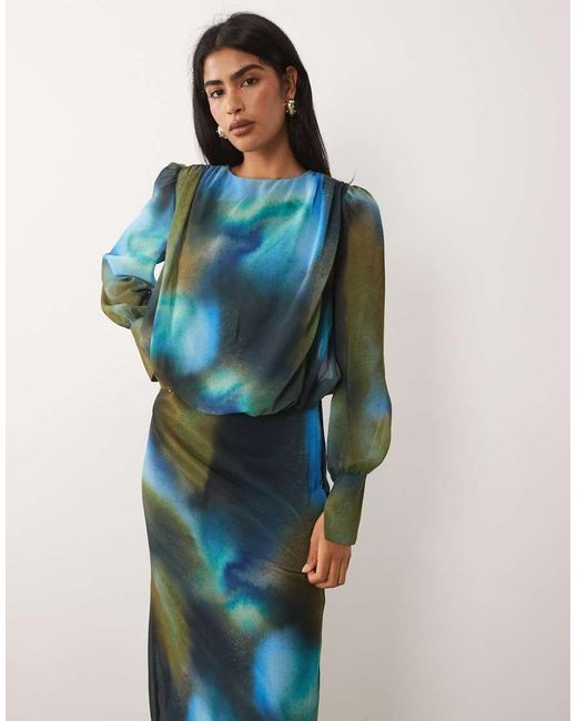 DASKA Blue Chiffon Drape Detail Blouson Waist Maxi Dress