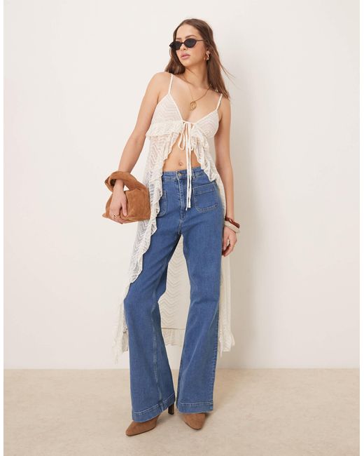 ASOS Blue Longline Slit Front Sheer Lace Ruffle Cami Top