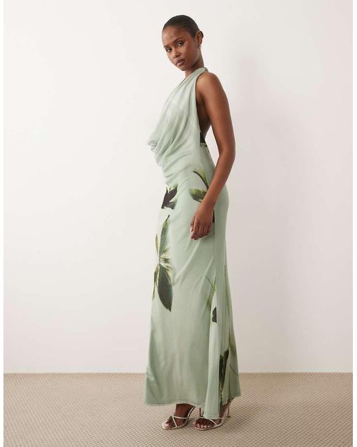 ASOS Gray Cowl Neck Floral Placement Print Mesh Maxi Dress