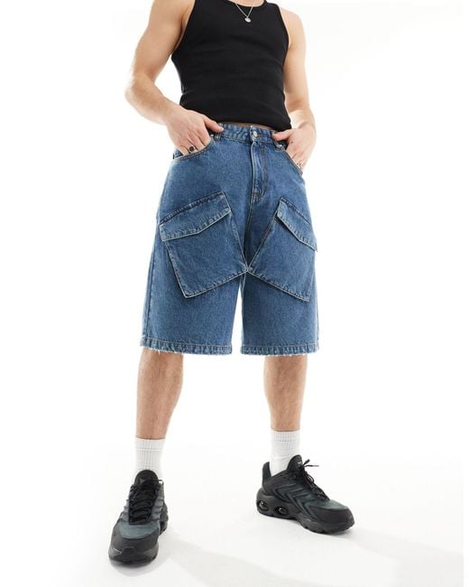 ASOS Blue Longer Length Denim Shorts With Cargo Detail for men