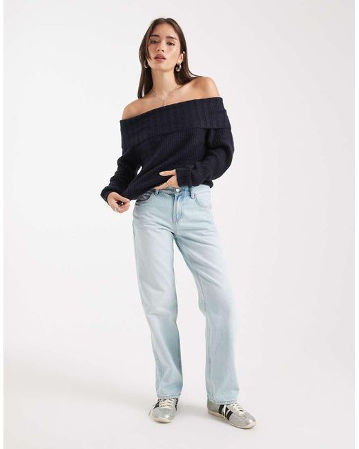 Wednesday's Girl Blue Soft Oversized Off-shoulder Sweater