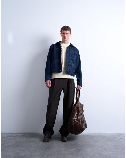 Topman Blue Wide Leg Check Smart Trousers for men