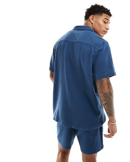 ASOS Blue Co-ord Short Sleeve Relaxed Revere Collar Texture Shirt for men