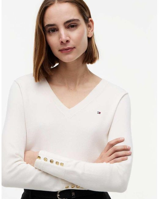 Tommy Hilfiger White Tone Button Cuff V-Neck Jumper