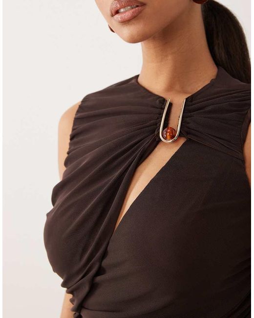 ASOS Brown Cowl Back Cutout Mesh Maxi Dress With Bead Detail