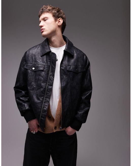 Topman – oversize-bomberjacke aus kunstleder in Gray für Herren