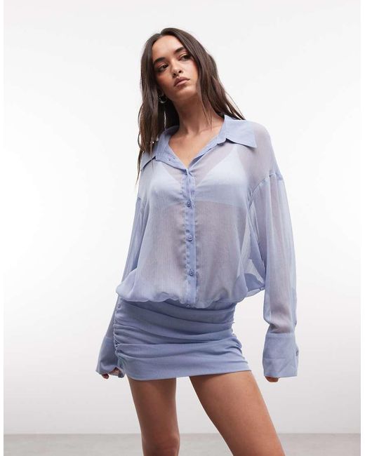 princess polly blue shirt dress Princess Polly Moonrising sheer fitted skirt wide sleeve shirt dress in blue