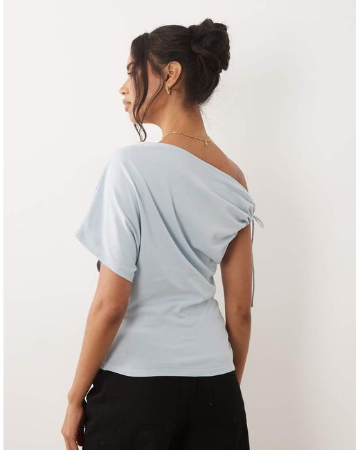ASOS White Ruched Sleeve Fallen Shoulder Waisted Tee