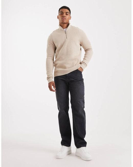 Only & Sons White Ribbed Half Zip Jumper for men