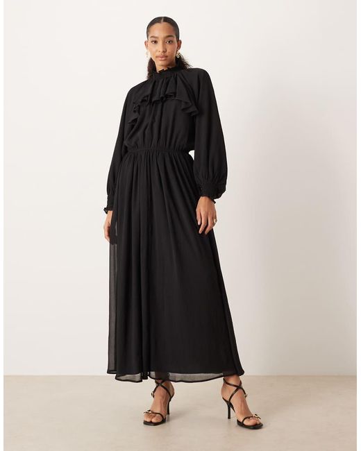 ASOS Black High Neck Ruffle Detail Chiffon Maxi Dress