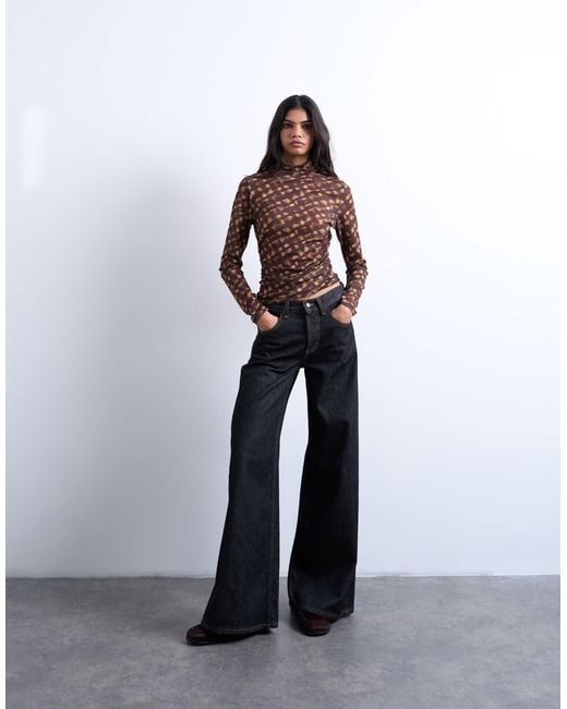 TOPSHOP Brown High Neck Ruched Check Print Long Sleeve Top