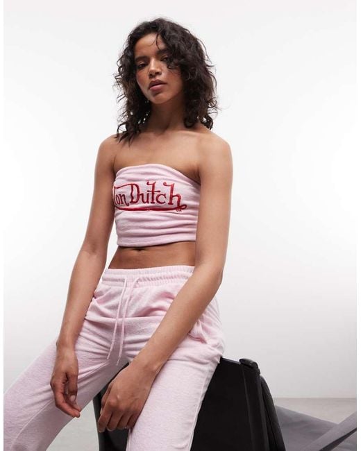 Von Dutch White 3 Piece Y2K Cropped Bandeau Velour Top With Contrast Graphic