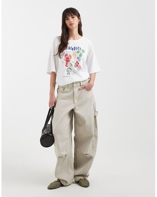 ONLY White Oversized T-shirt With Seafood Print