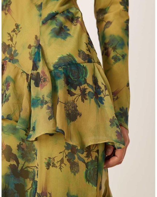 ASOS Green Long Sleeve Ruffle Chiffon Maxi Dress
