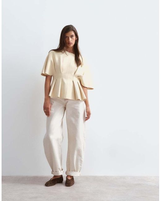 ARRANGE Natural Knit Short Sleeve Cinched Pleated Top