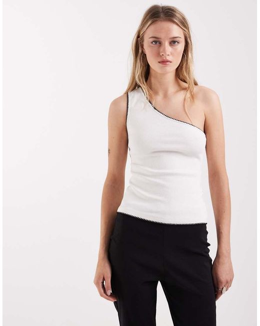 ASOS Natural Ribbed One Shoulder Vest With Blanket Stitch Detail