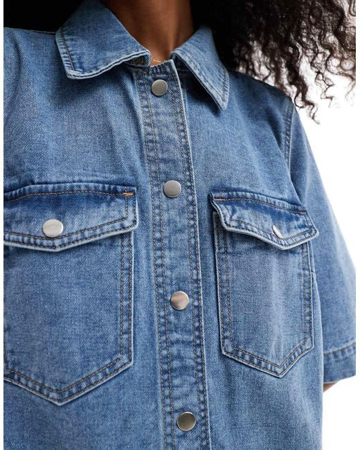 Vero Moda Blue Oversized Button Front Short Sleeve Denim Dress