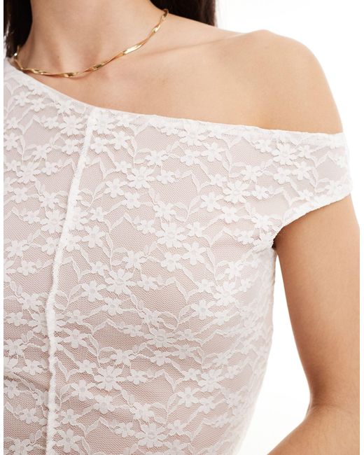ASOS White Fallen Shoulder Lace Midi Dress With Seam Detail