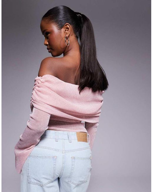 Top Efecto Purpurina Con Escote Bardot Asimétrico Y Mangas Acampanadas De Malla De -Dorado ASOS de color Purple