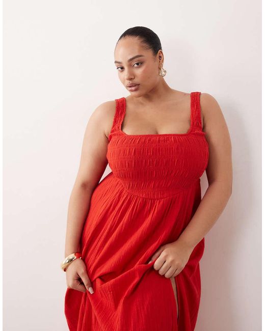 ASOS Red Asos Design Curve Exclusive Selina Beach Textu Cotton Shir Maxi Sundress