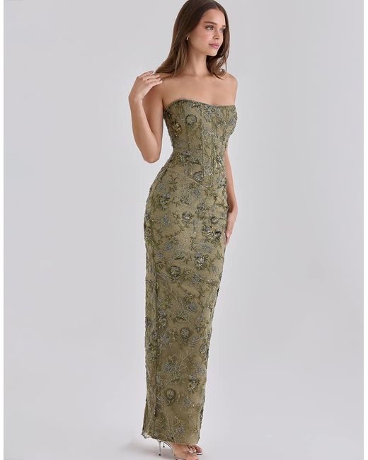 House Of Cb Green Anisa Hand Beaded Embellished Strapless Maxi Dress