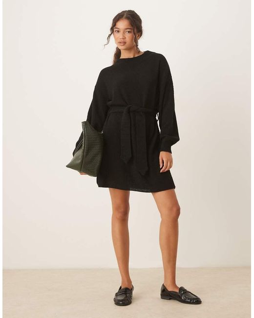 Glamorous Black Rib Knit Tie Waist Mini Knitted Dress