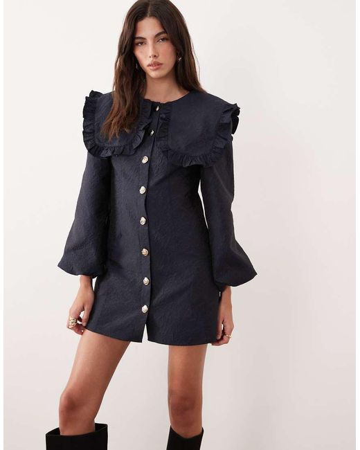 Ghospell Blue Inola Oversized Collar Balloon Sleeve Mini Dress