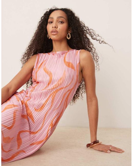 ASOS Plissé Mouwloze Midi-Jurk Met Roze Swirlprint in het Pink