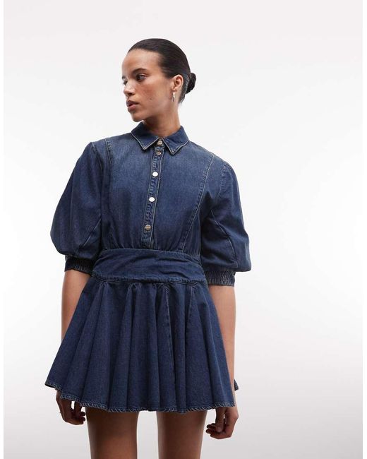 AllSaints Blue Arlo Balloon Sleeve Button Down Denim Mini Dress