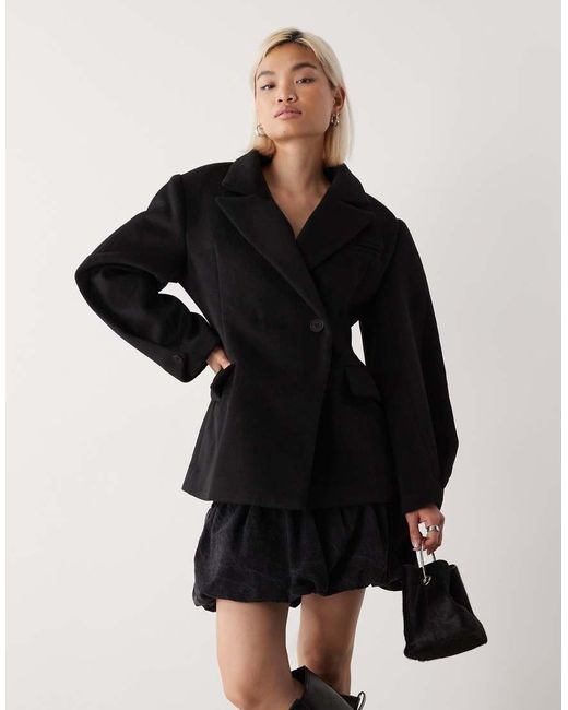 Lioness Black Heart Shaped Wool Touch Double Breasted Cinched Waist Barrel Sleeve Coat