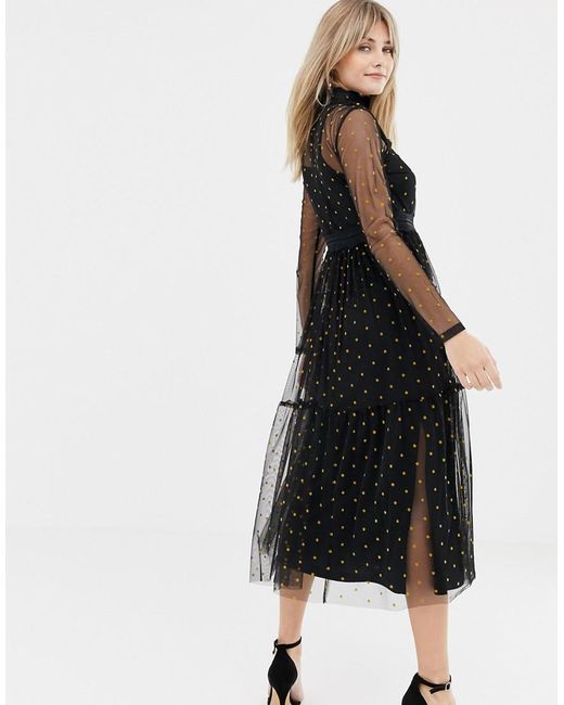 LACE & BEADS Long Sleeve Tulle Midi Dress With Mustard Spot in Black | Lyst  UK