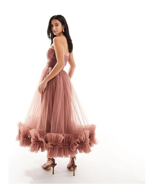 LACE & BEADS Pink Corset Tulle Ruffle Hem Midaxi Dress