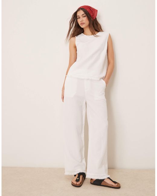 ASOS Natural Linen Blend Straight Leg Pants With Tassel Hem