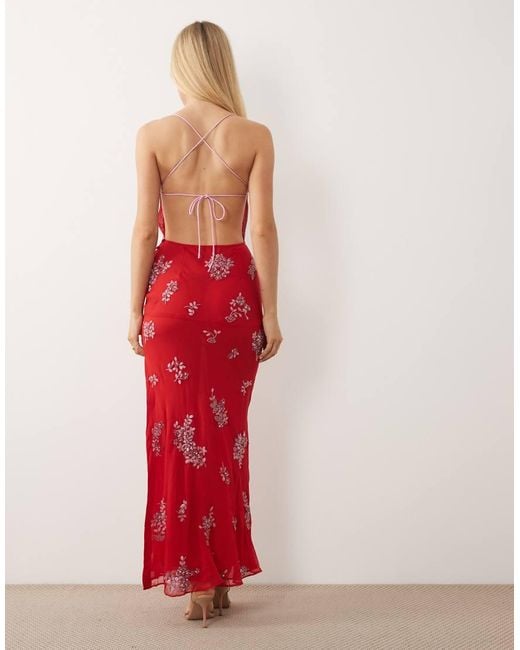 ASOS Red Ditsy Embellished Bias Semi Sheer Chiffon Maxi Dress With Open Back
