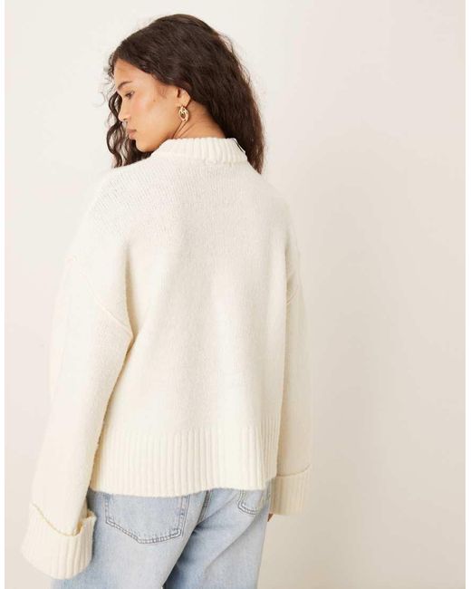 Gina Tricot White Relaxed Crew Neck Folded Sleeve Knitted Sweater