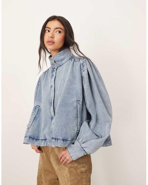 ARRANGE Blue Denim Balloon Sleeve Button Up Boxy Shacket