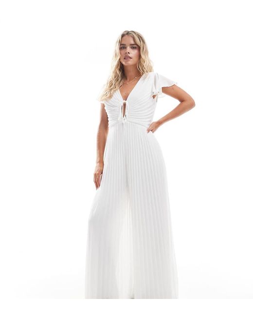 TFNC London White Pleated Wide Leg Jumpsuit With Keyhole Detail