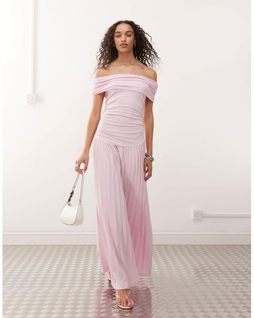 Lioness Field Of Dreams Foldover Bardot Ruched Drop Waist Pleated Maxi Dress  in Pink | Lyst