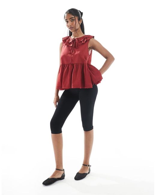 ASOS Red Sleeveless Smock Top With Broderie Collar And Tie Neck