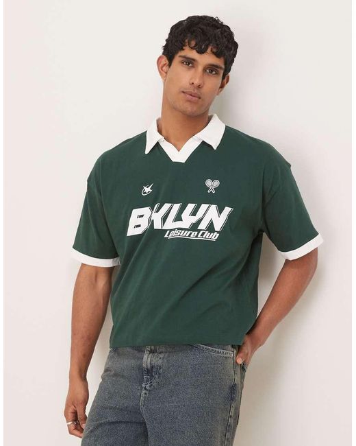 Polo Verde Oscuro De Corte Cuadrado Extragrande Con Estampado Gráfico Deportivo De ASOS de hombre de color Green