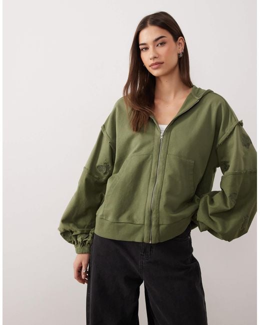 ASOS Green Zip Through Hoodie With Embroidered Flower Detail