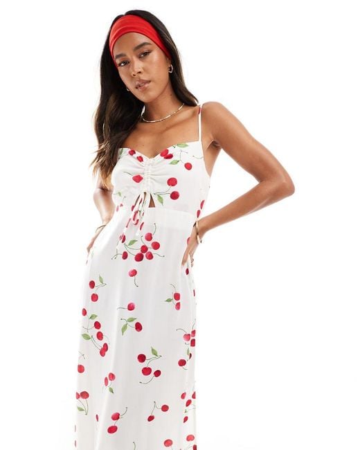 New Look White Cherry Print Tie Front Midi Dress