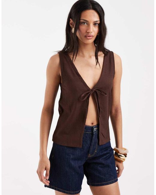Pieces Brown Tie Front Reversible Textured Top
