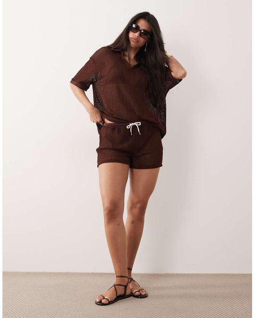 Kaiia Brown Exclusive Crochet Collar Detail Oversized Polo Top Co-ord