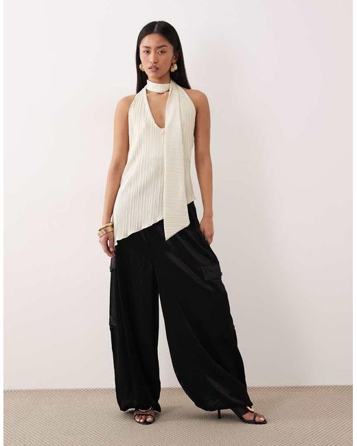 ASOS White Super Scoop Scarf Plisse Asymmetric Long Line Top Co-ord