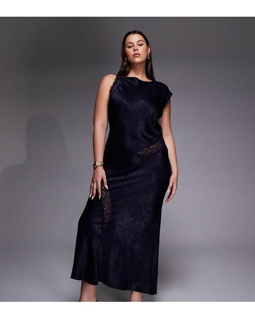 ASOS Blue Asos Design Curve Slash Neck Satin Bias Lace Detail Maxi Dress