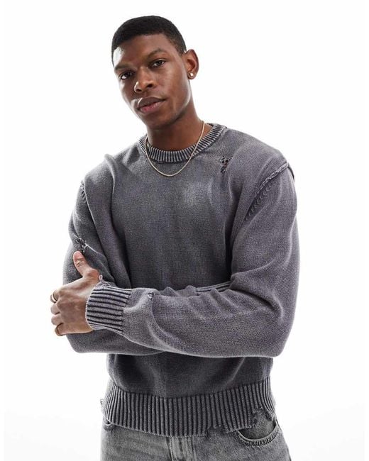 Bershka Gray Knitted Washed Jumper for men